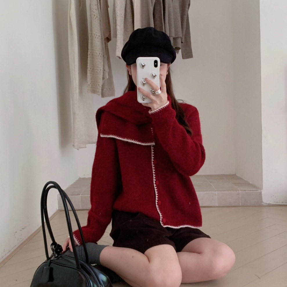 ［台中現貨⚡️202511小資💘撞色縫線外搭毛衣外套+脖圍套裝  3色-細節圖7