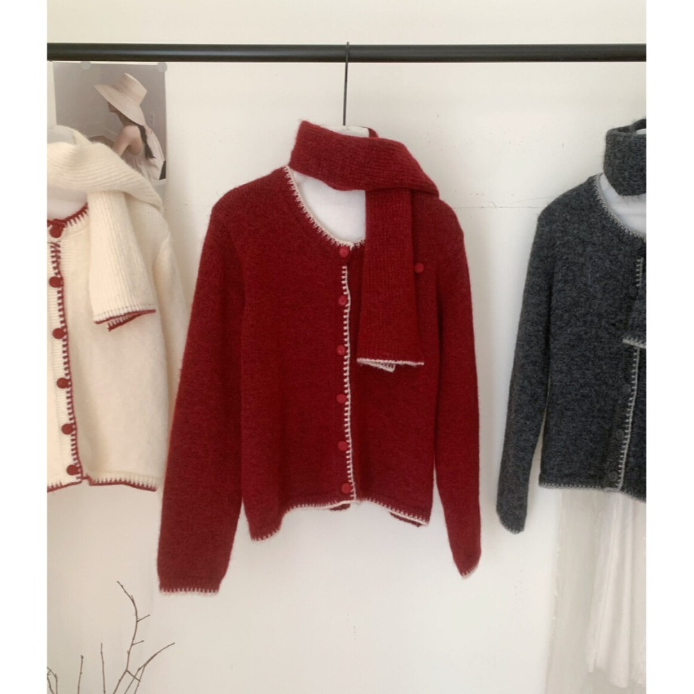 ［台中現貨⚡️202511小資💘撞色縫線外搭毛衣外套+脖圍套裝  3色-細節圖9