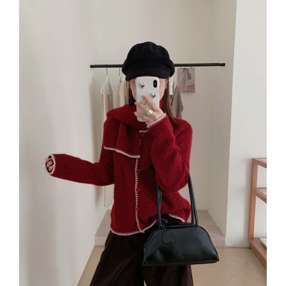 ［台中現貨⚡️202511小資💘撞色縫線外搭毛衣外套+脖圍套裝  3色-細節圖11