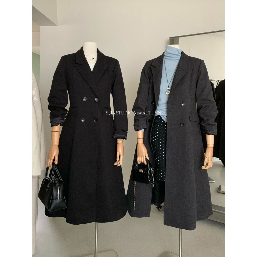 202512小資💘高級經典款經典色  黑灰風衣版型大衣 自帶氣勢 毛呢+内鋪棉+排扣+後縮腰顯瘦-細節圖5