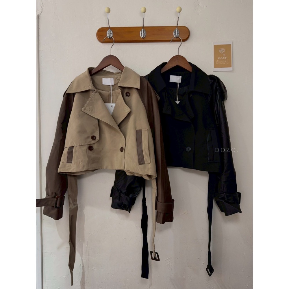 ［台中現貨⚡️］202511💘 高級時髦感 拼接皮革短版風衣外套 2色-細節圖3