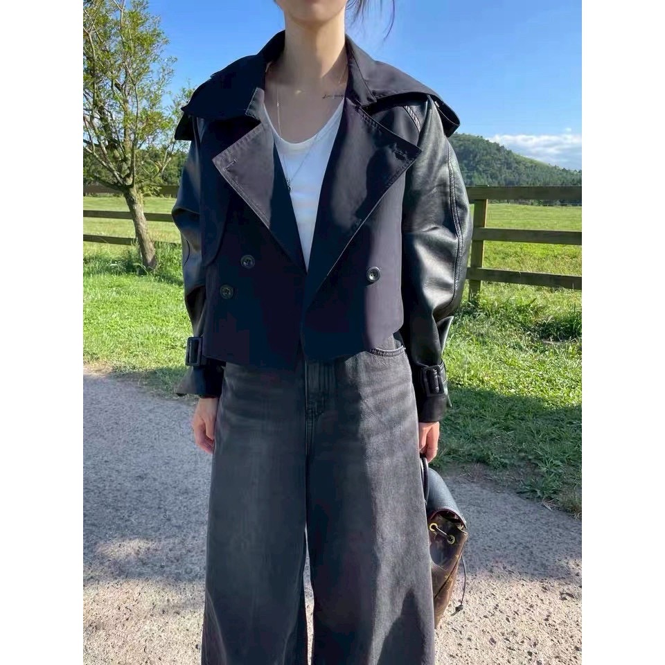 ［台中現貨⚡️］202511💘 高級時髦感 拼接皮革短版風衣外套 2色-細節圖5