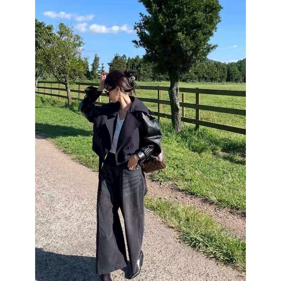 ［台中現貨⚡️］202511💘 高級時髦感 拼接皮革短版風衣外套 2色-細節圖6