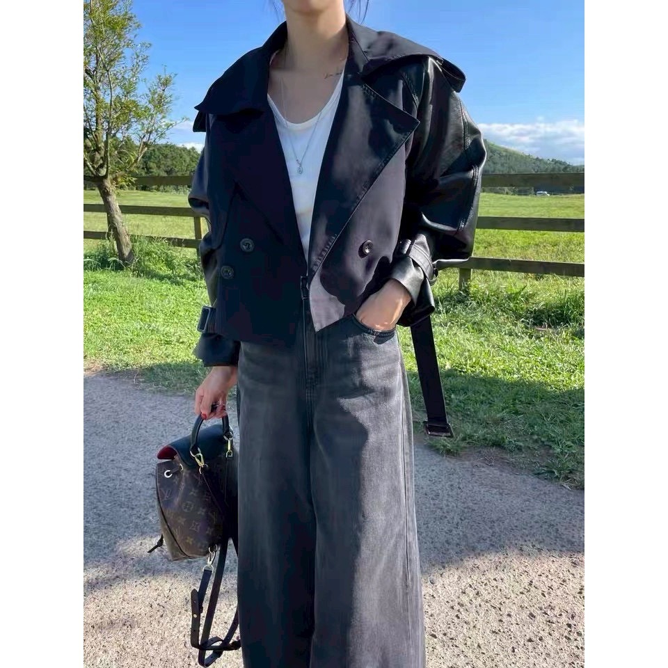 ［台中現貨⚡️］202511💘 高級時髦感 拼接皮革短版風衣外套 2色-細節圖7