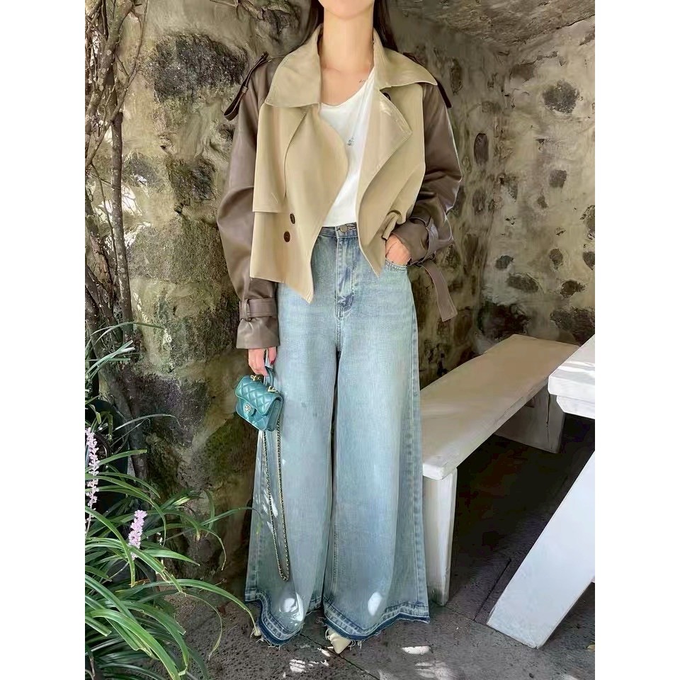 ［台中現貨⚡️］202511💘 高級時髦感 拼接皮革短版風衣外套 2色-細節圖8