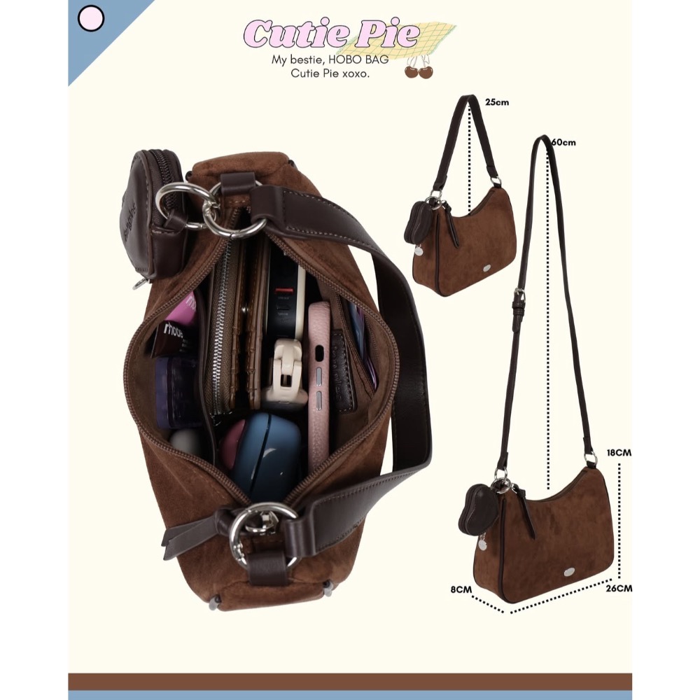現貨 泰國8angles包品牌 cutie pie  送愛心小包 麂皮PU 拉鍊hobo腋下包 多背法-細節圖9