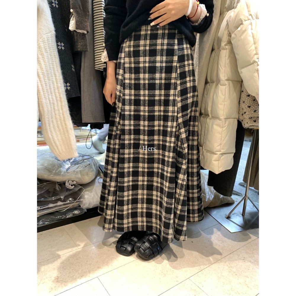 202512小資💘 簡約日常復古毛呢格子魚尾長裙半身裙 SML-細節圖2