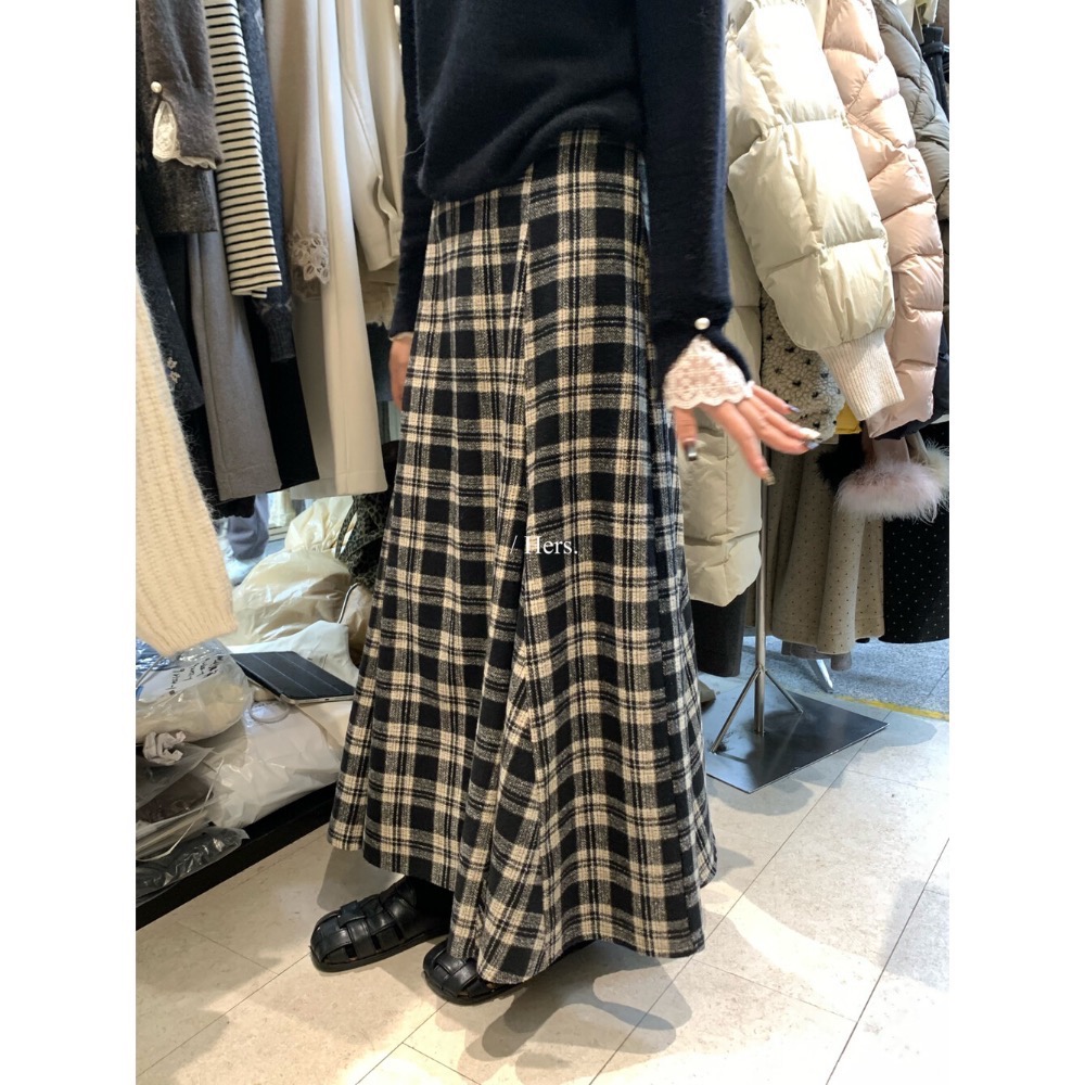 202512小資💘 簡約日常復古毛呢格子魚尾長裙半身裙 SML-細節圖5