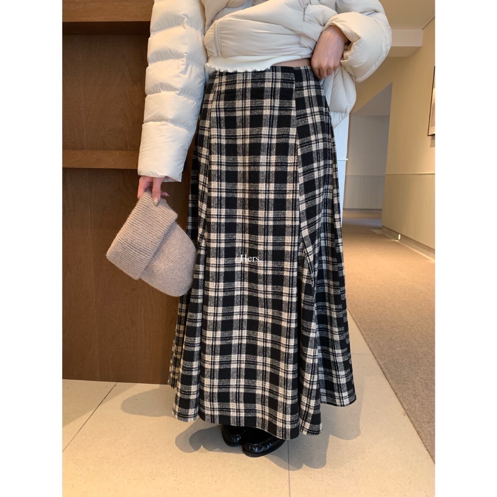 202512小資💘 簡約日常復古毛呢格子魚尾長裙半身裙 SML-細節圖6