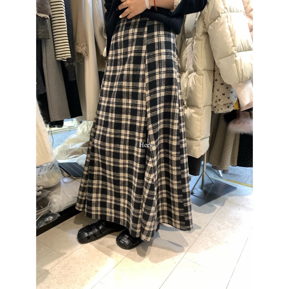 202512小資💘 簡約日常復古毛呢格子魚尾長裙半身裙 SML-細節圖9