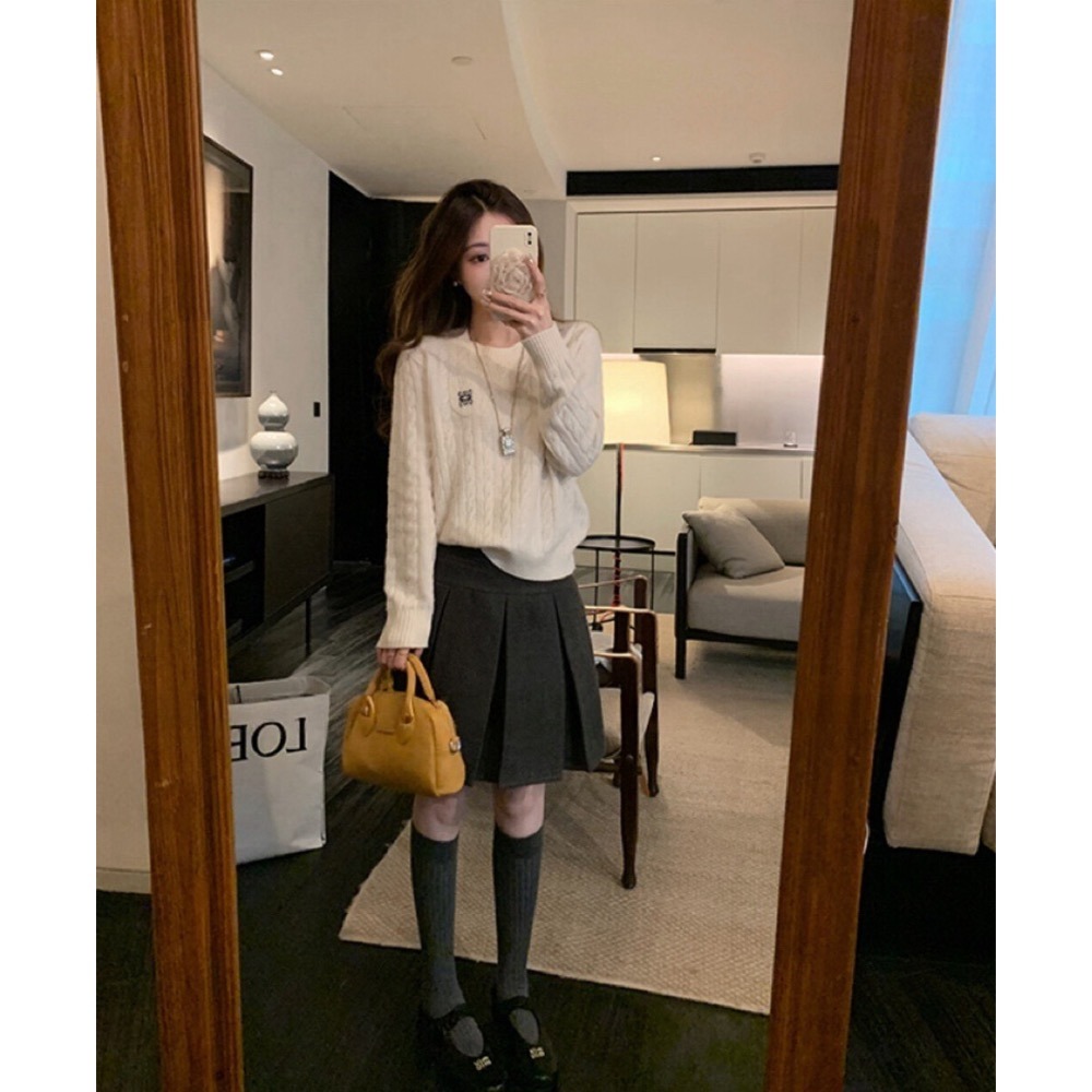 ［台中現貨⚡️］202511小資💘 學院風 冬日高級感格雷系毛呢高腰學院風百搭加厚百褶裙半身裙 SML-細節圖3