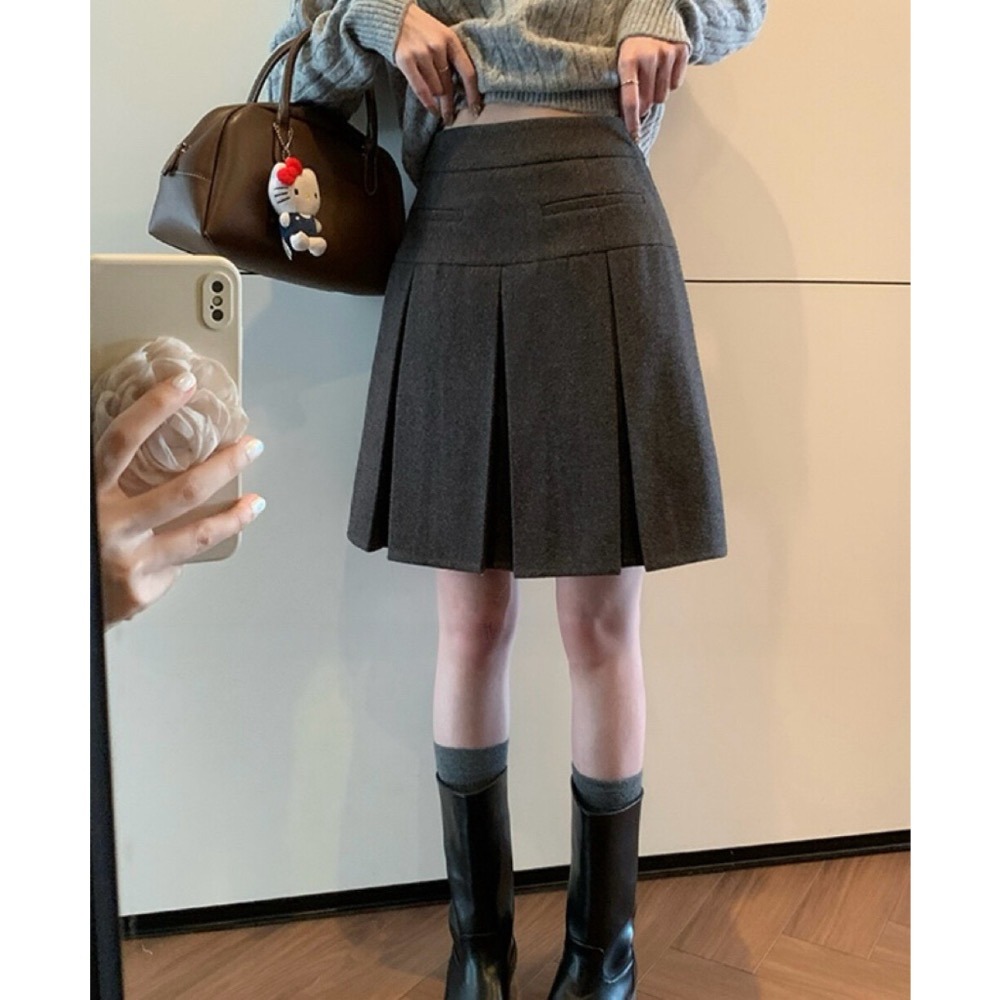 ［台中現貨⚡️］202511小資💘 學院風 冬日高級感格雷系毛呢高腰學院風百搭加厚百褶裙半身裙 SML-細節圖5