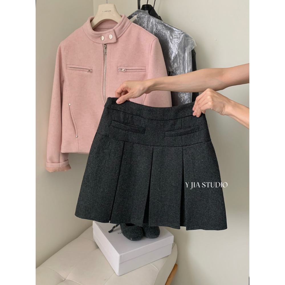 ［台中現貨⚡️］202511小資💘 學院風 冬日高級感格雷系毛呢高腰學院風百搭加厚百褶裙半身裙 SML-細節圖11