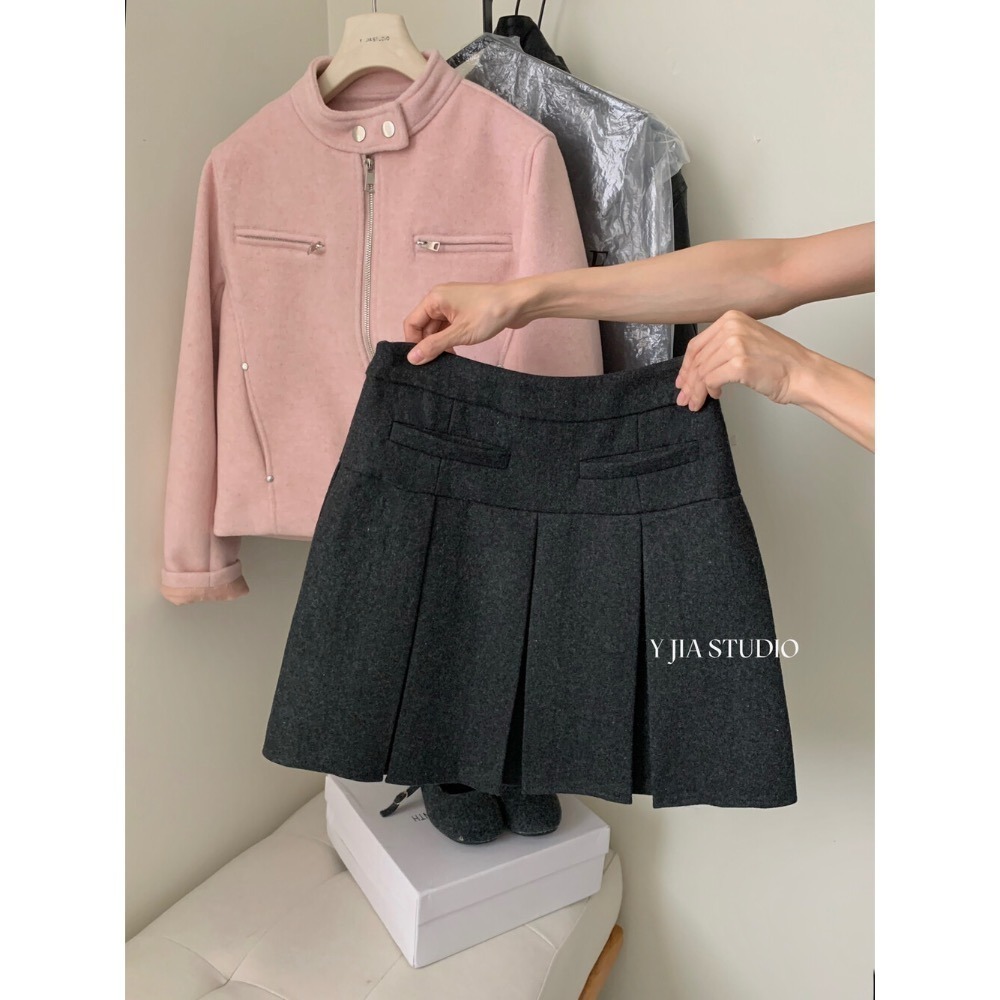 ［台中現貨⚡️］202512小資💘 學院風 冬日高級感格雷系毛呢高腰學院風百搭加厚百褶裙半身裙 SML-細節圖11