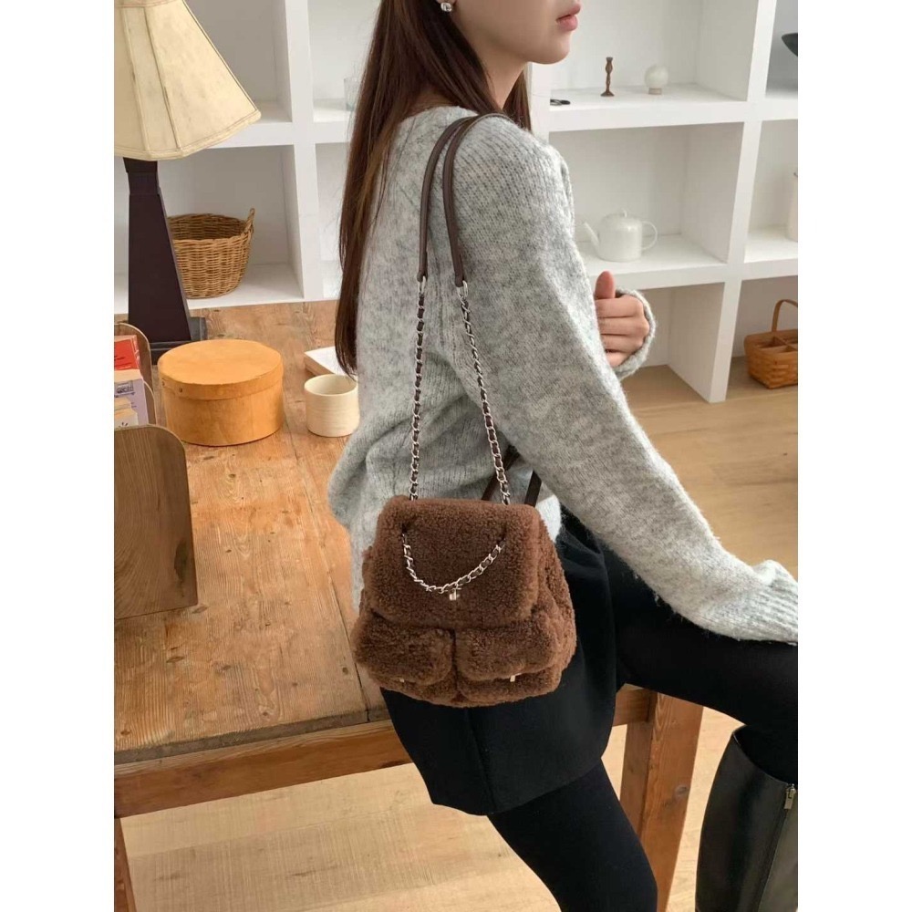 202511正韓🇰🇷小香風小羔羊雙肩包 皮穿鍊 多背法-細節圖8