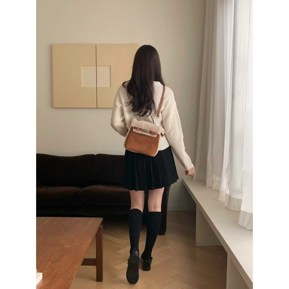 202511正韓🇰🇷麂皮菱格拼接小羔羊kelly扣多背法 後背包 手提斜跨後背-細節圖4