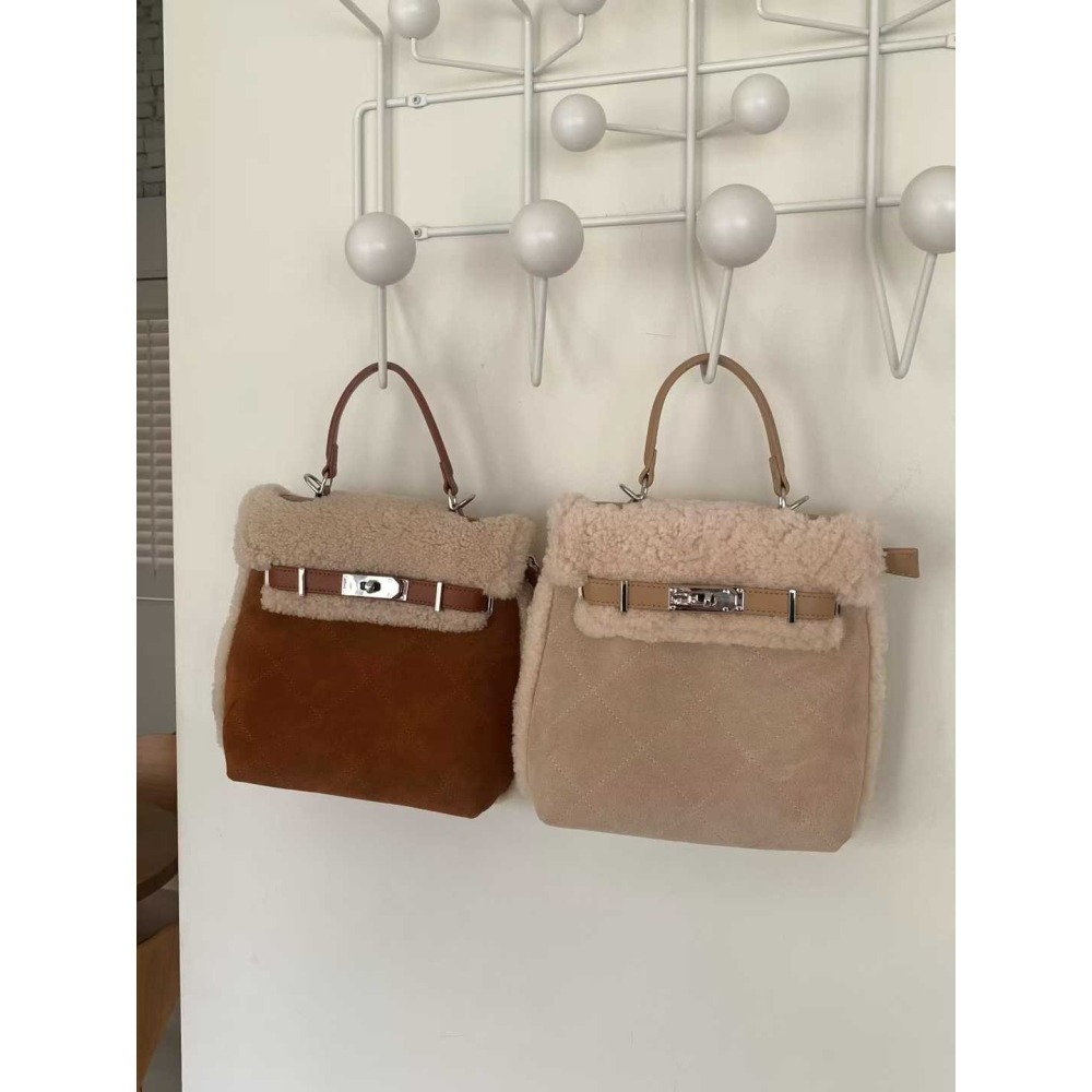 202511正韓🇰🇷麂皮菱格拼接小羔羊kelly扣多背法 後背包 手提斜跨後背-細節圖10