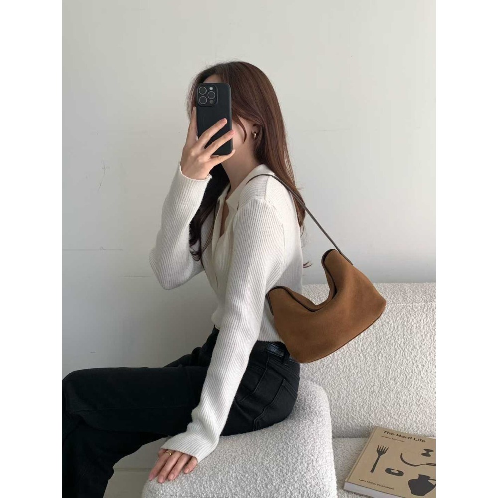 202511正韓🇰🇷麂皮俐落簡約翻蓋腋下hobo包 4色-細節圖5