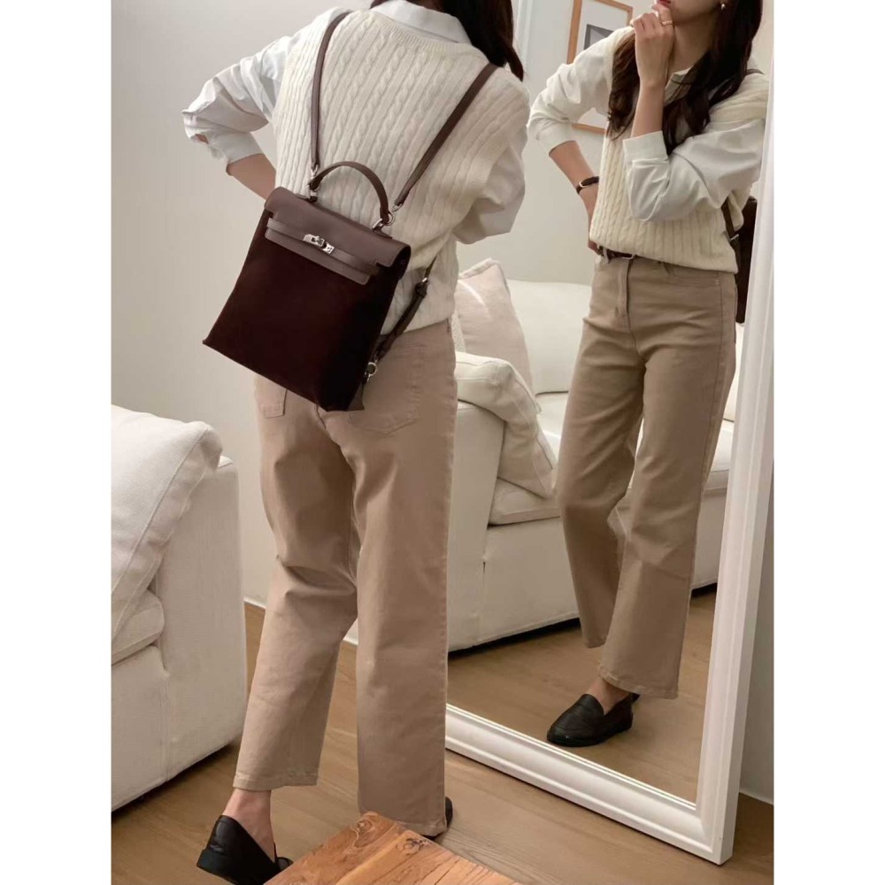 202511正韓🇰🇷麂皮素面拼接皮革kelly扣多背法 後背包 手提斜跨後背 2色-細節圖4