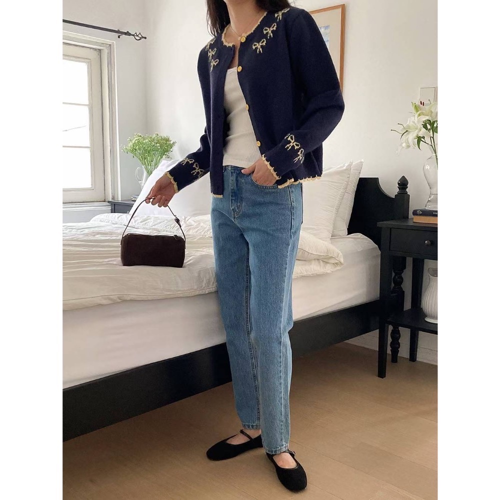 202511百元正韓🇰🇷氣質滾邊撞色🎀蝴蝶結針織上衣外套 2色-細節圖3