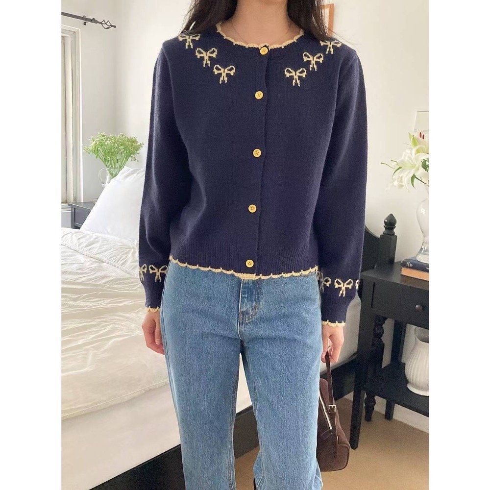 202511百元正韓🇰🇷氣質滾邊撞色🎀蝴蝶結針織上衣外套 2色-細節圖4