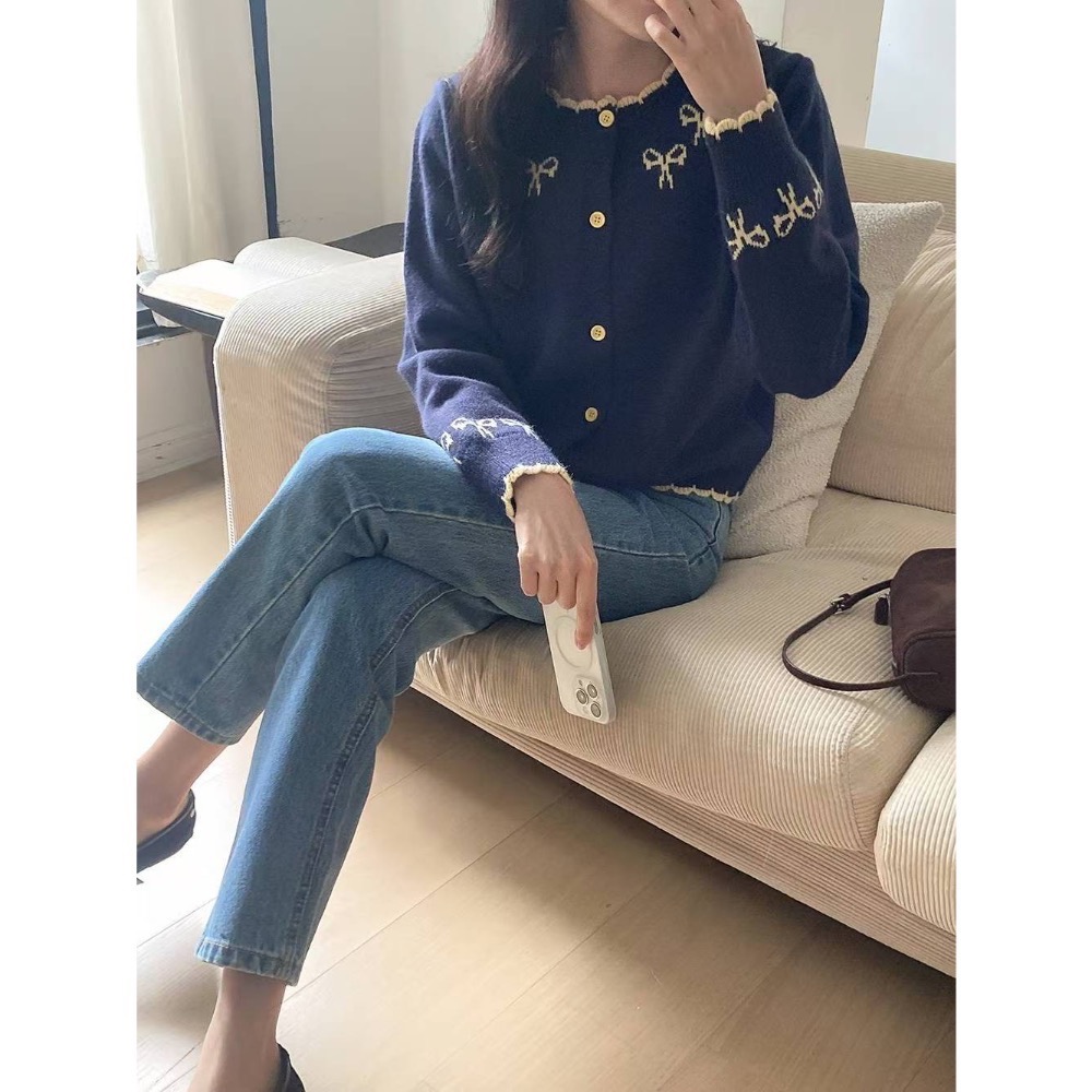 202511百元正韓🇰🇷氣質滾邊撞色🎀蝴蝶結針織上衣外套 2色-細節圖5