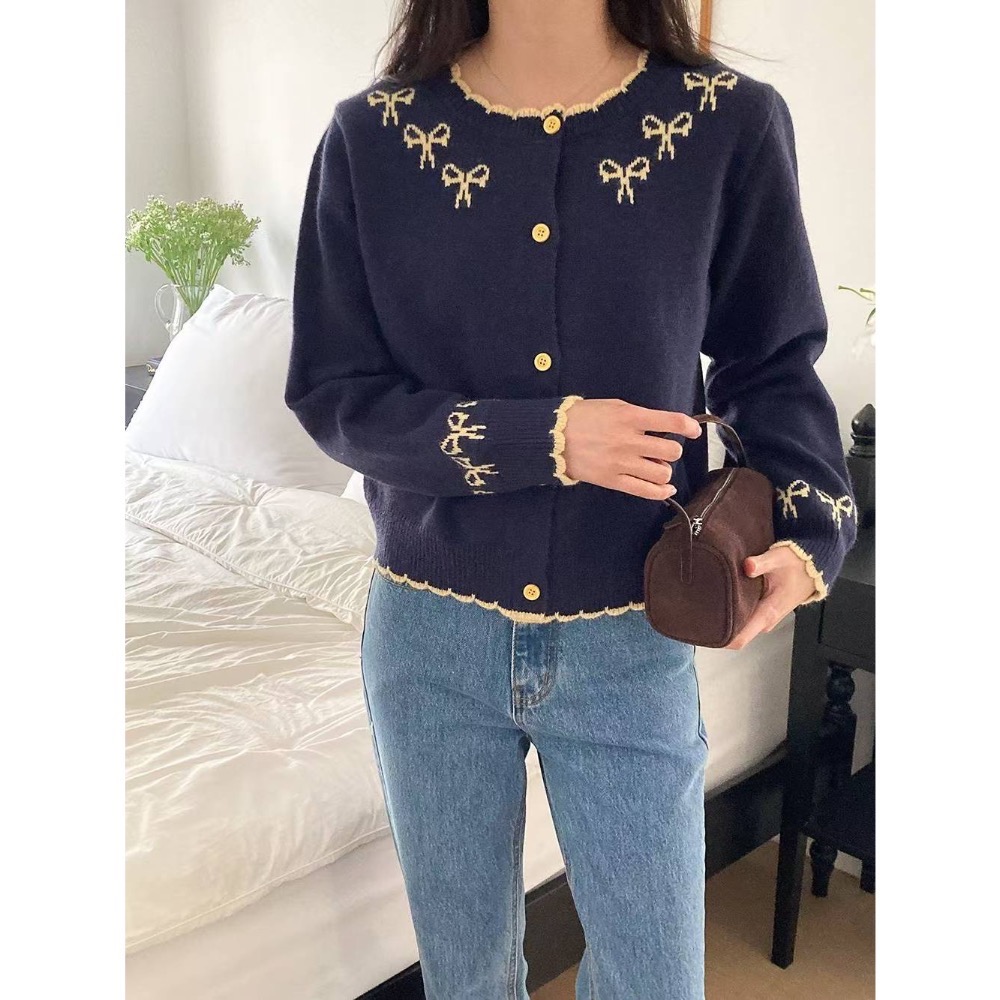 202511百元正韓🇰🇷氣質滾邊撞色🎀蝴蝶結針織上衣外套 2色-細節圖7