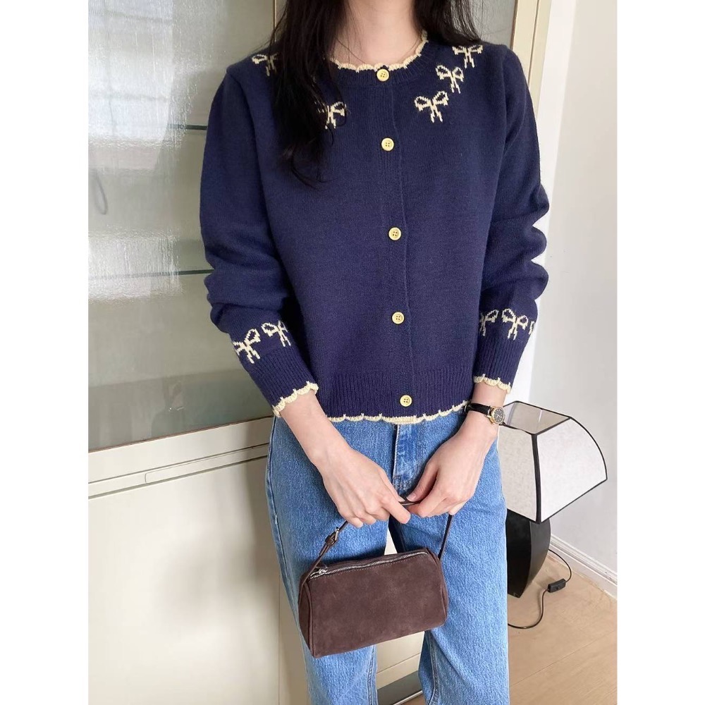 202511百元正韓🇰🇷氣質滾邊撞色🎀蝴蝶結針織上衣外套 2色-細節圖8