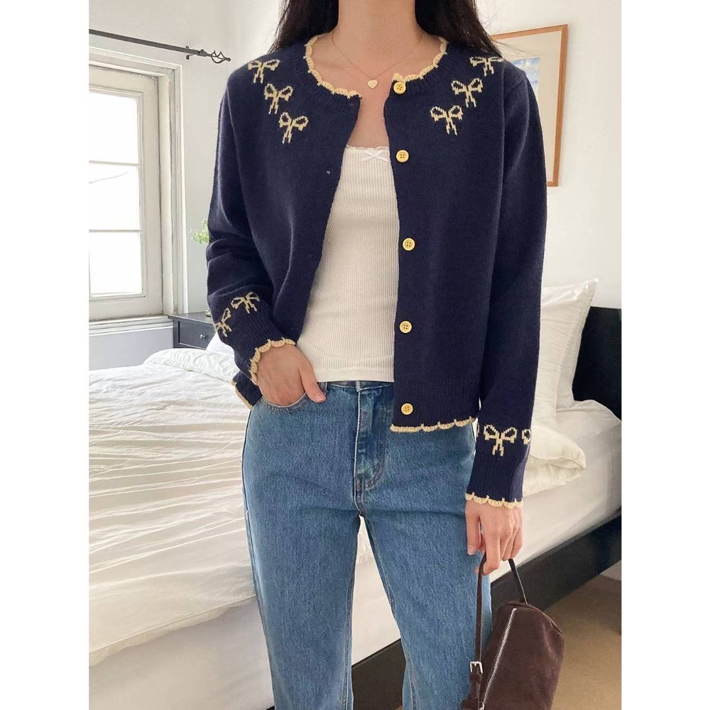 202511百元正韓🇰🇷氣質滾邊撞色🎀蝴蝶結針織上衣外套 2色-規格圖8