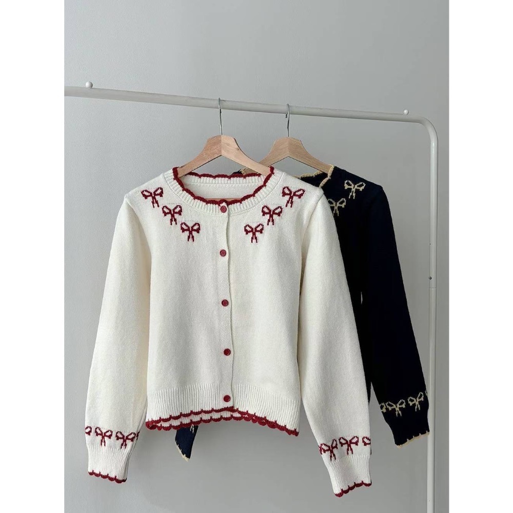 202511百元正韓🇰🇷氣質滾邊撞色🎀蝴蝶結針織上衣外套 2色-規格圖8