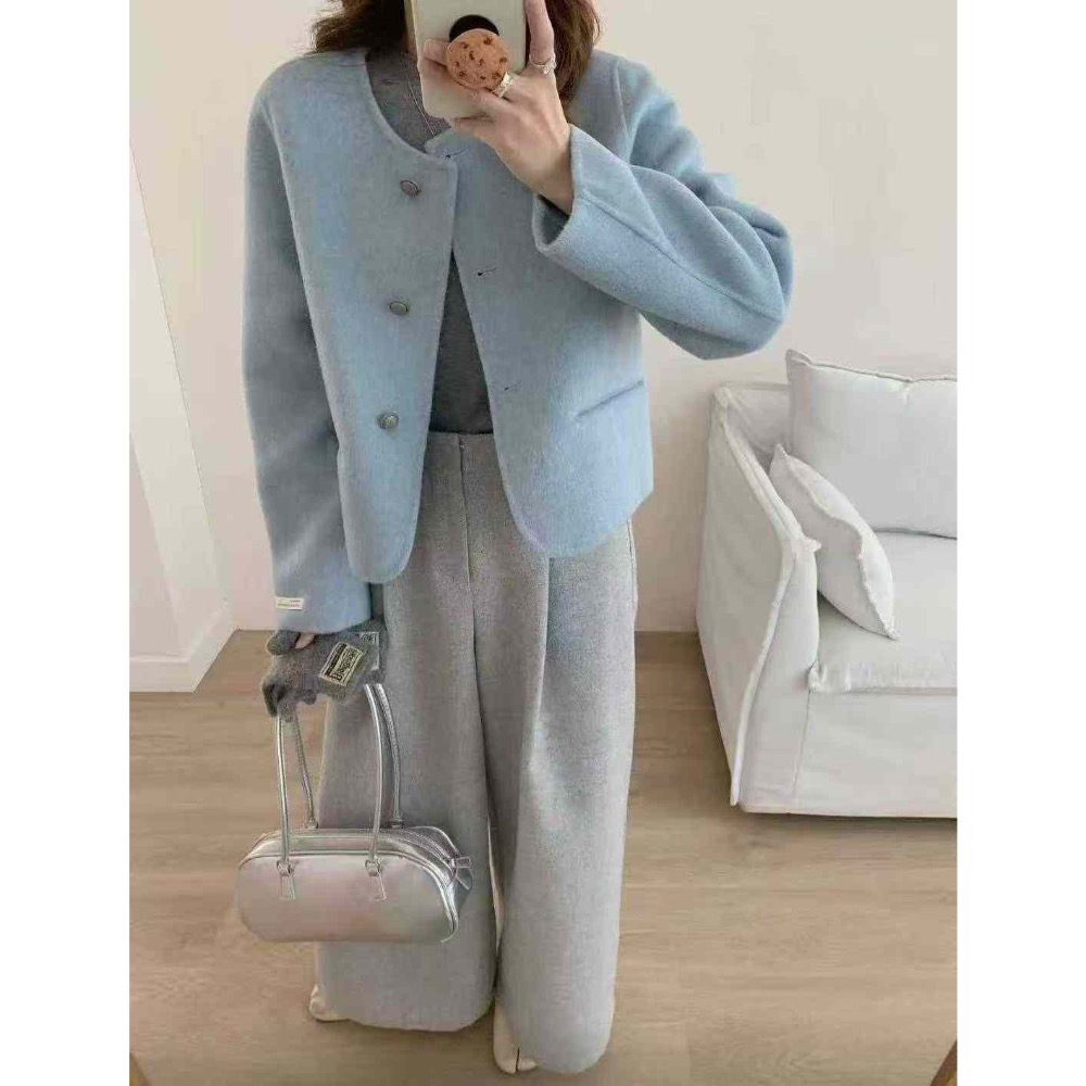 202511正韓新品🇰🇷氣質千金 寶寶藍 復古釦 100%手作羊毛外套-細節圖2