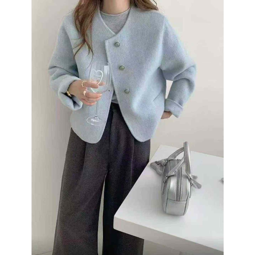202511正韓新品🇰🇷氣質千金 寶寶藍 復古釦 100%手作羊毛外套-細節圖3
