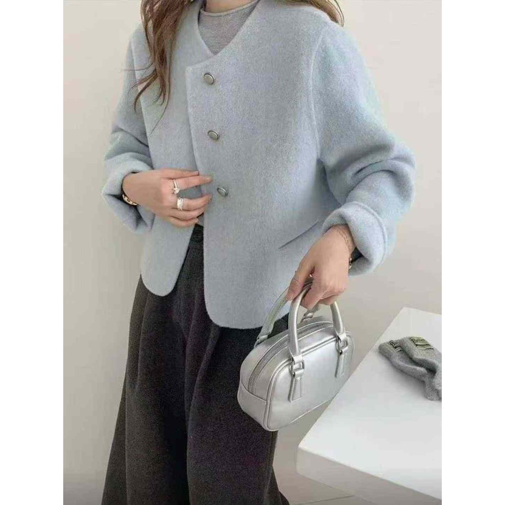 202511正韓新品🇰🇷氣質千金 寶寶藍 復古釦 100%手作羊毛外套-細節圖4