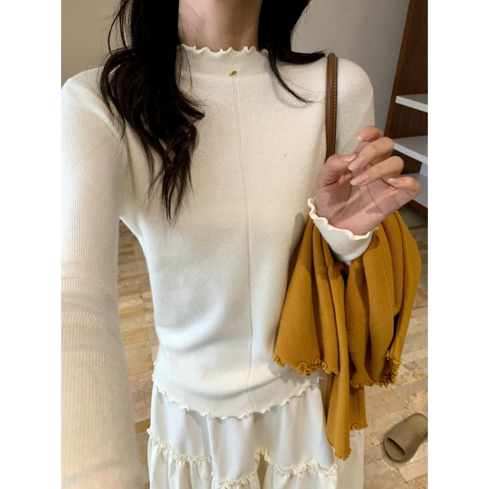 ［台中現貨⚡️］202511小資💘18色必包色彈性針織內搭 韓系一顆扣 半高領波浪滾花邊 打底衫-規格圖11