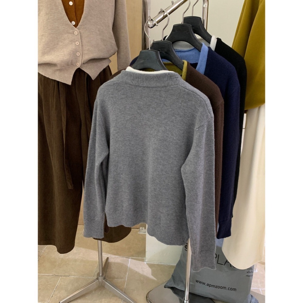 ［台中現貨⚡️］202511小資💘小眾設計感 6%羊毛 撞色假二件 顯瘦V領針織開衫 大胸友善 5色 KK-216-細節圖11