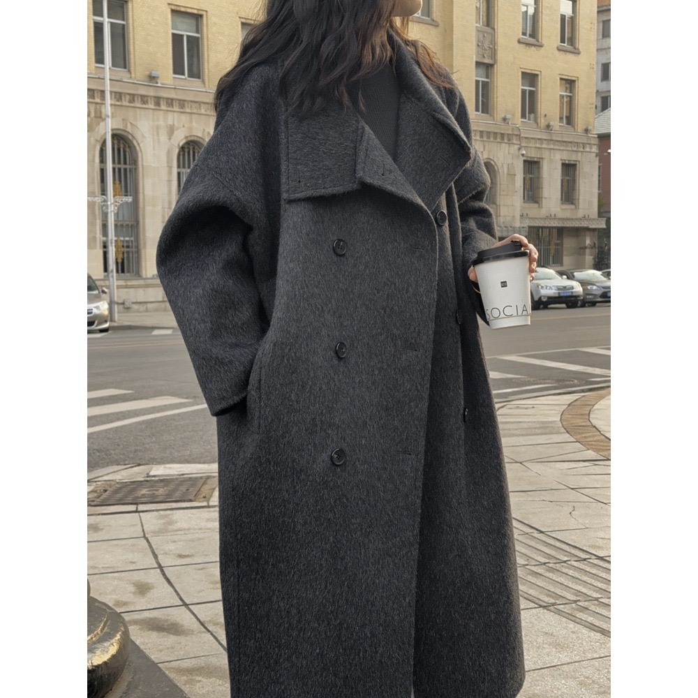 202512小資💘 (含100%澳洲羊毛)設計師款立領雙面羊毛大衣寬鬆雙排扣毛呢大衣外套 SM-細節圖3