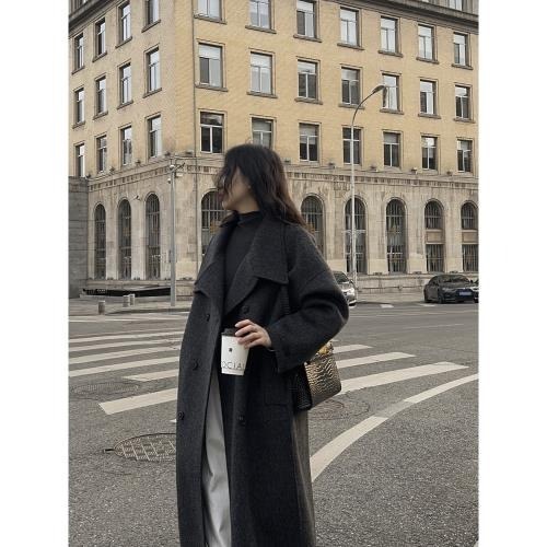 202512小資💘 (含100%澳洲羊毛)設計師款立領雙面羊毛大衣寬鬆雙排扣毛呢大衣外套 SM-細節圖4