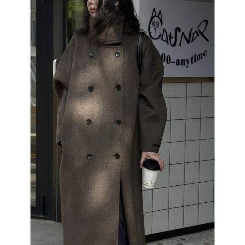 202512小資💘 (含100%澳洲羊毛)設計師款立領雙面羊毛大衣寬鬆雙排扣毛呢大衣外套 SM-細節圖5