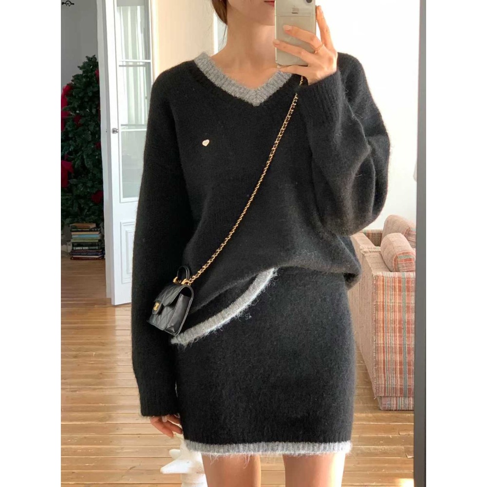 202511正韓🇰🇷小香風 學院滾邊撞色V領針織毛衣短裙套裝 聖誕節 跨年 過年 約會穿搭-細節圖2