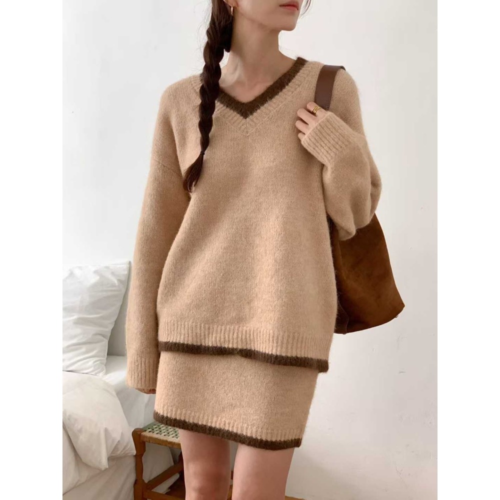 202511正韓🇰🇷小香風 學院滾邊撞色V領針織毛衣短裙套裝 聖誕節 跨年 過年 約會穿搭-細節圖4