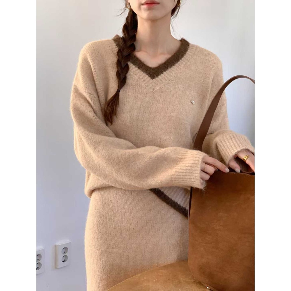 202511正韓🇰🇷小香風 學院滾邊撞色V領針織毛衣短裙套裝 聖誕節 跨年 過年 約會穿搭-細節圖5