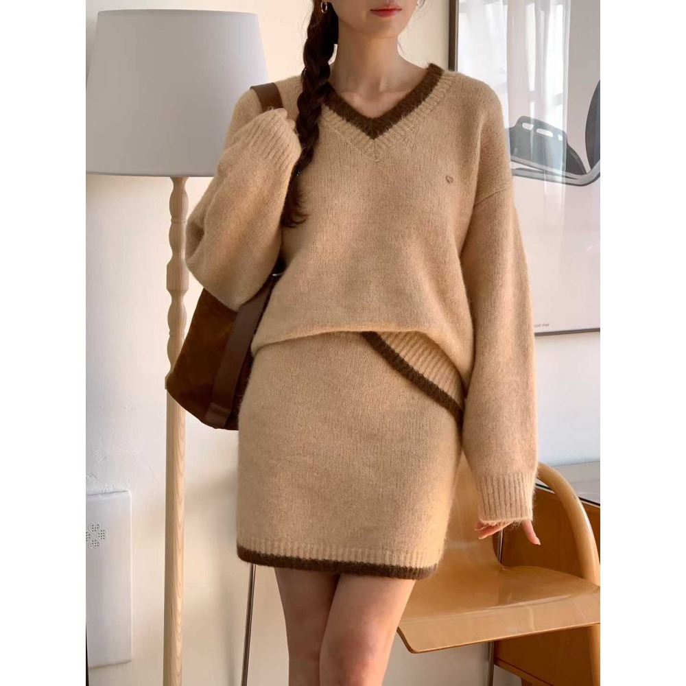 202511正韓🇰🇷小香風 學院滾邊撞色V領針織毛衣短裙套裝 聖誕節 跨年 過年 約會穿搭-細節圖6