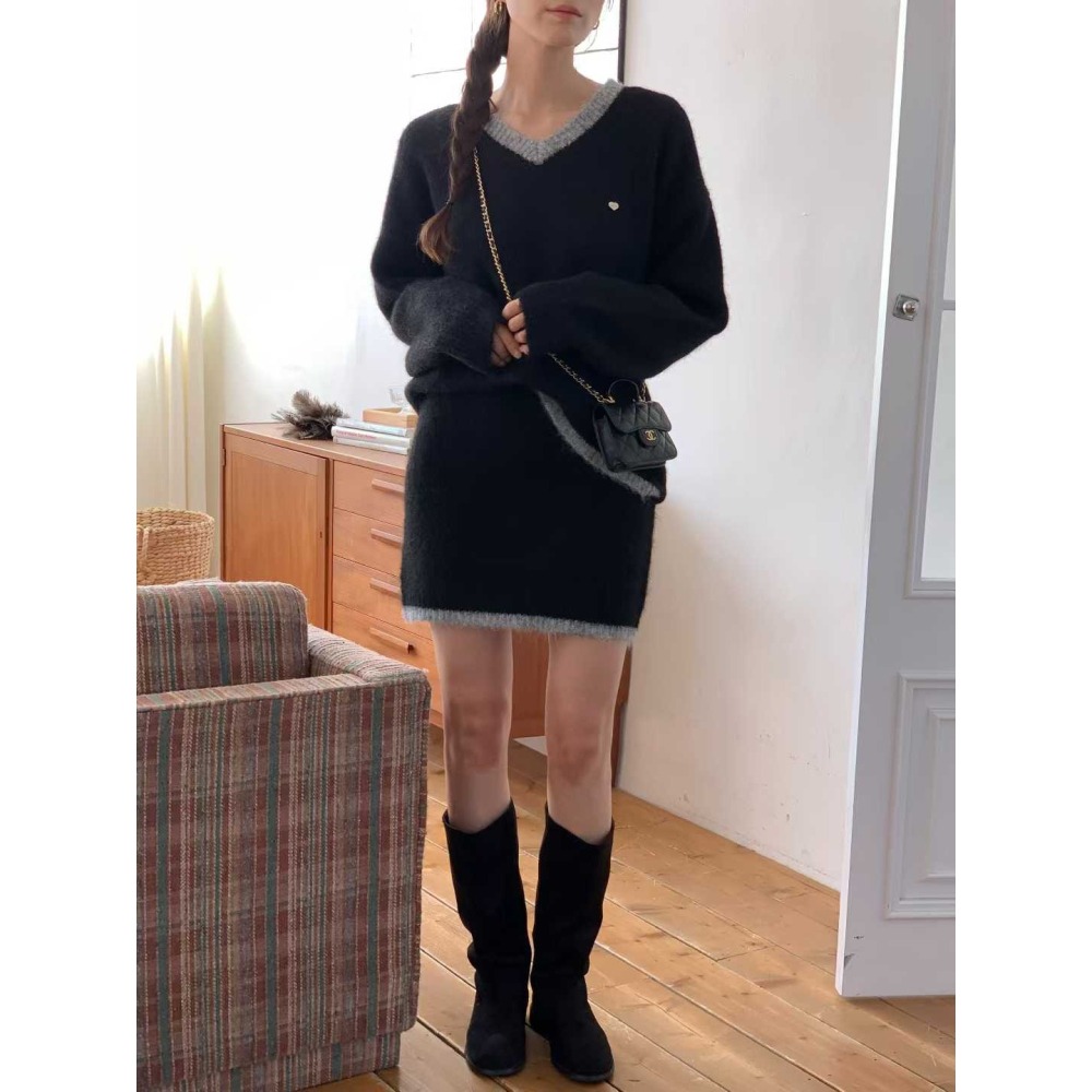 202511正韓🇰🇷小香風 學院滾邊撞色V領針織毛衣短裙套裝 聖誕節 跨年 過年 約會穿搭-細節圖8