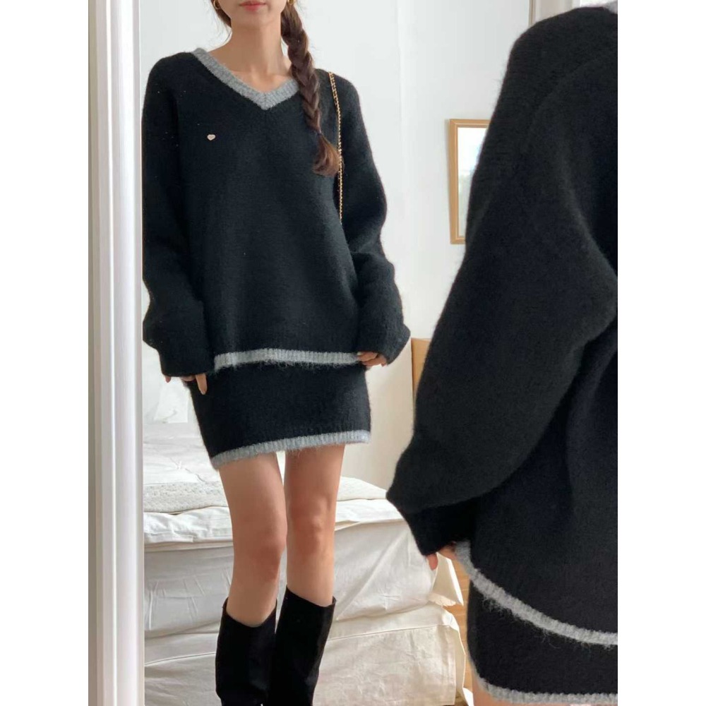 202511正韓🇰🇷小香風 學院滾邊撞色V領針織毛衣短裙套裝 聖誕節 跨年 過年 約會穿搭-細節圖11