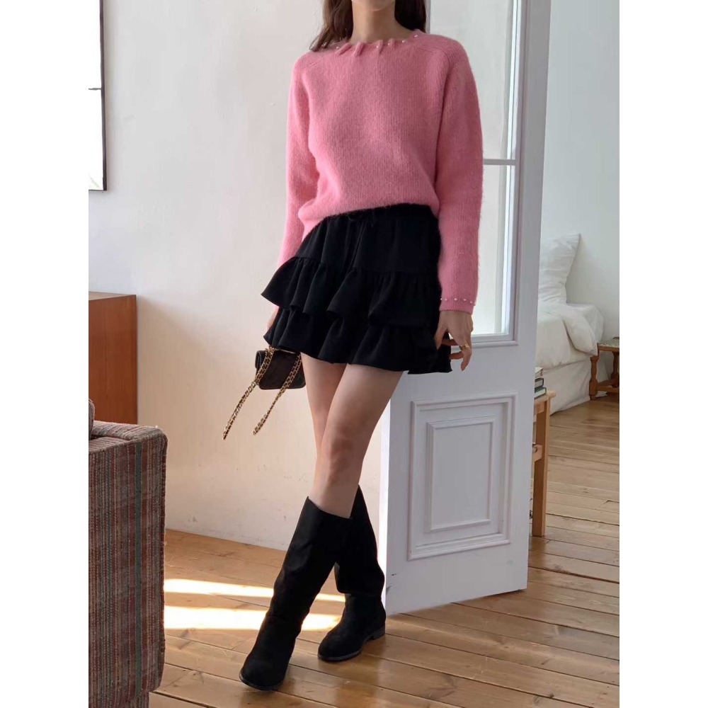 202511正韓🇰🇷氣質優雅 領口袖口鑲嵌珍珠 素色針織毛衣上衣 3色 聖誕節 跨年 過年 約會穿搭-細節圖2