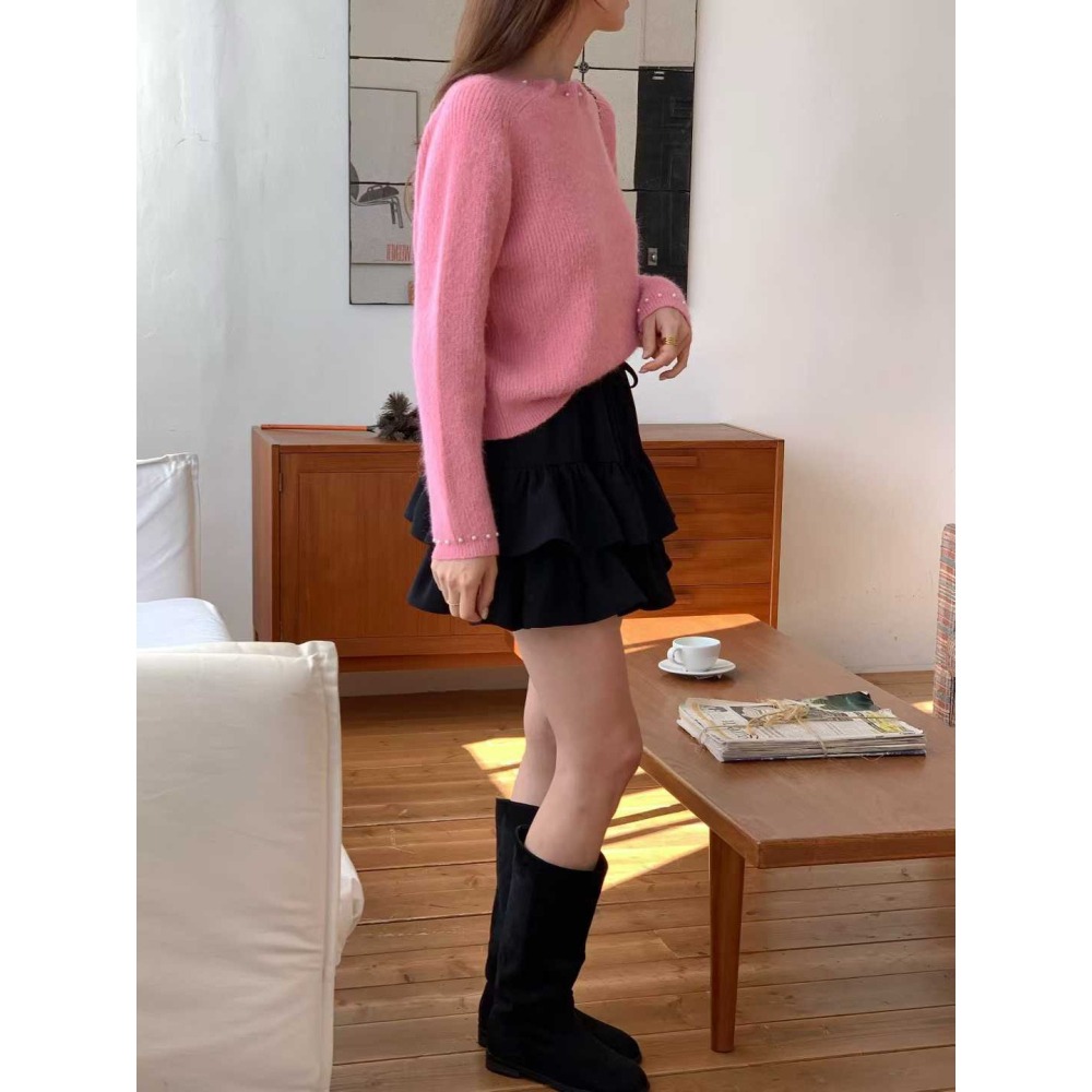 202511正韓🇰🇷氣質優雅 領口袖口鑲嵌珍珠 素色針織毛衣上衣 3色 聖誕節 跨年 過年 約會穿搭-細節圖6