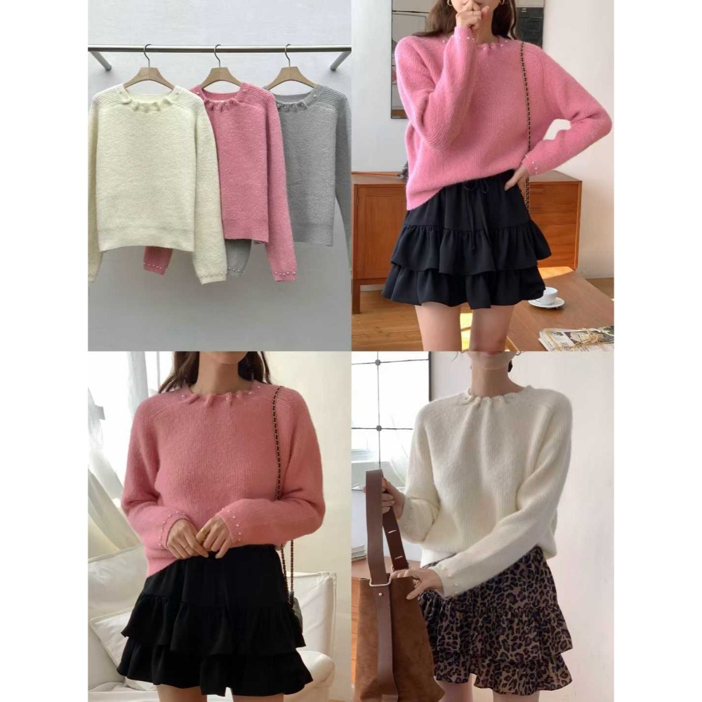 202511正韓🇰🇷氣質優雅 領口袖口鑲嵌珍珠 素色針織毛衣上衣 3色 聖誕節 跨年 過年 約會穿搭-細節圖11