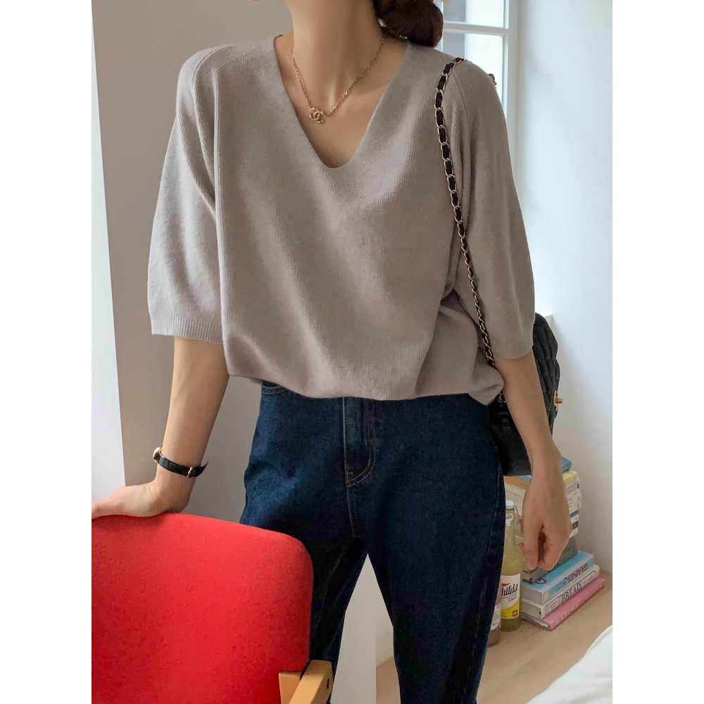 202511百元正韓🇰🇷顯瘦百搭 肉肉手臂 圓領 v領 薄針織短袖毛衣 可四季-細節圖5