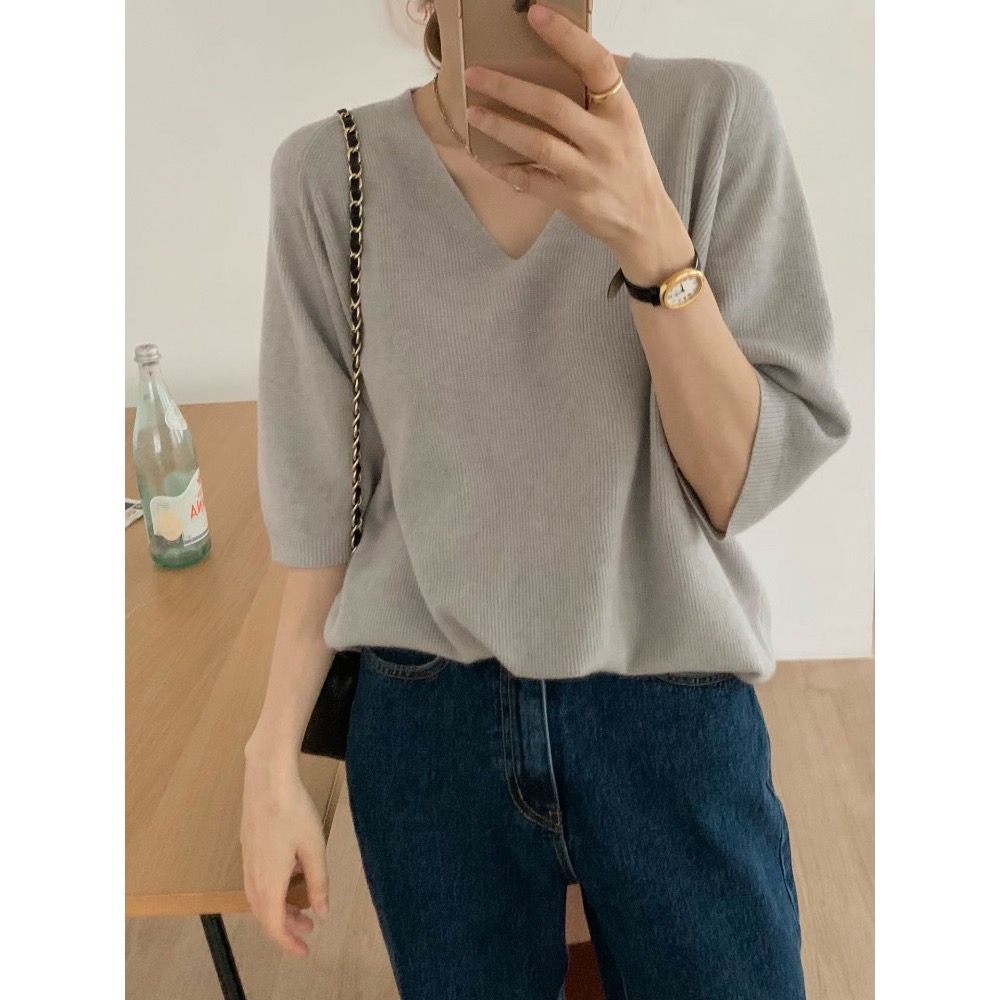 202511百元正韓🇰🇷顯瘦百搭 肉肉手臂 圓領 v領 薄針織短袖毛衣 可四季-細節圖8