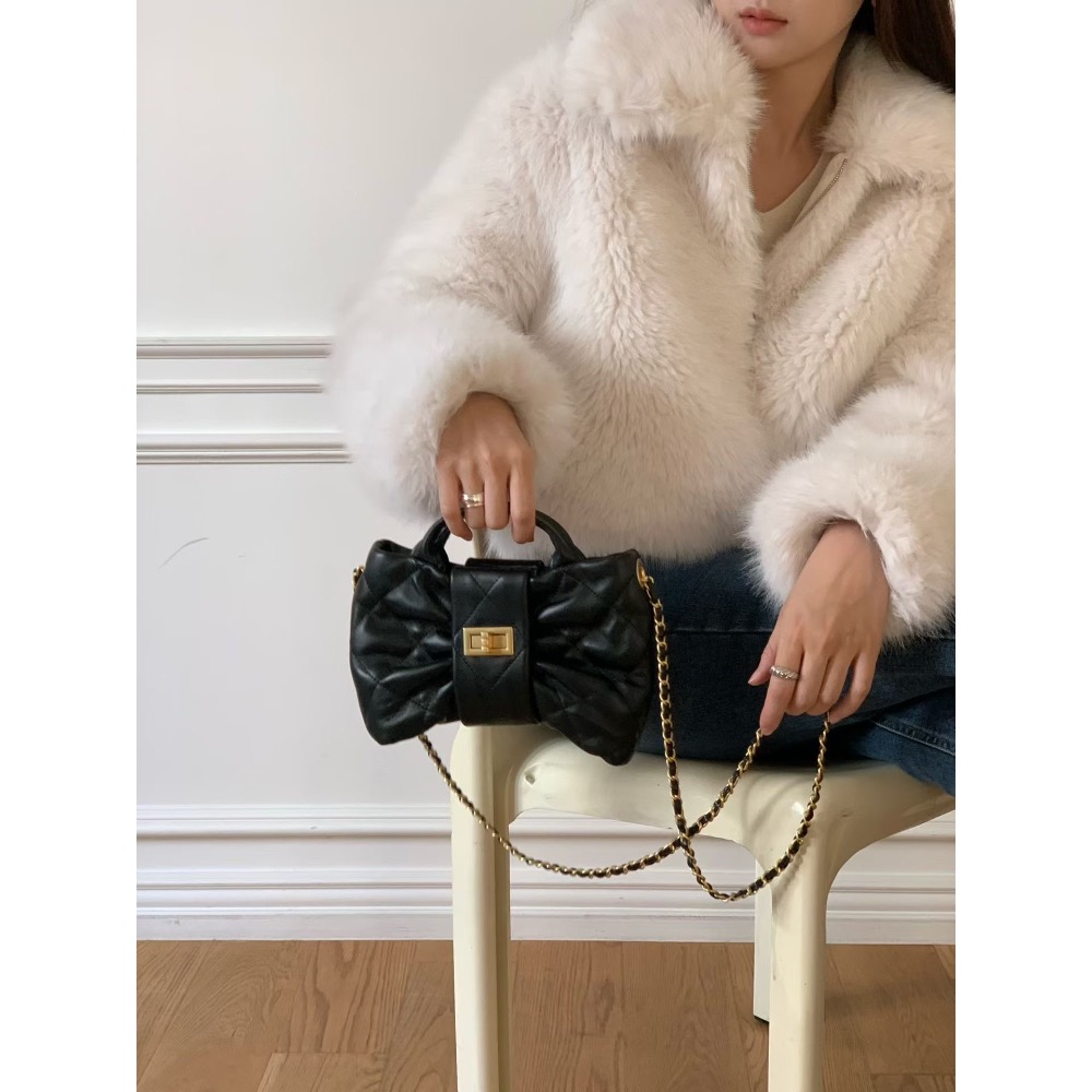 202511正韓🇰🇷小羊皮 蝴蝶結造型小香風皮穿鏈 手提斜挎包 2尺寸-細節圖2